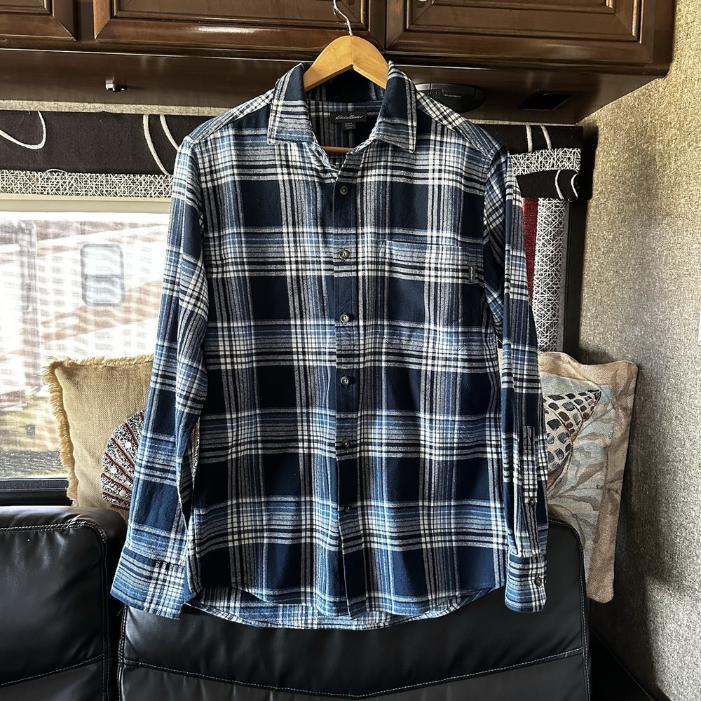 Eddie Bauer Plaid Flannel Button Up Shirt Size S Blue & White 100% Cotton Men's